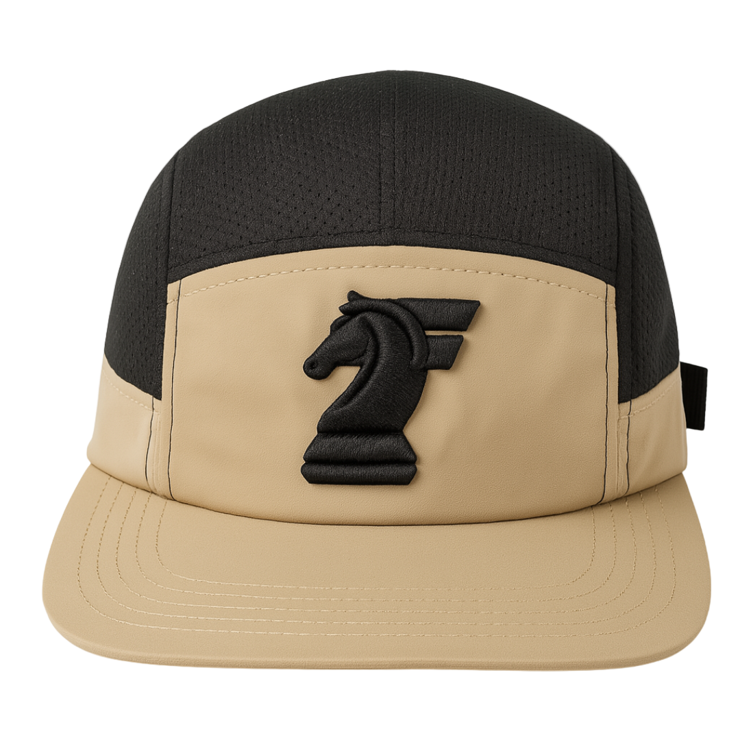 Beige and black cap with a logo on a white background