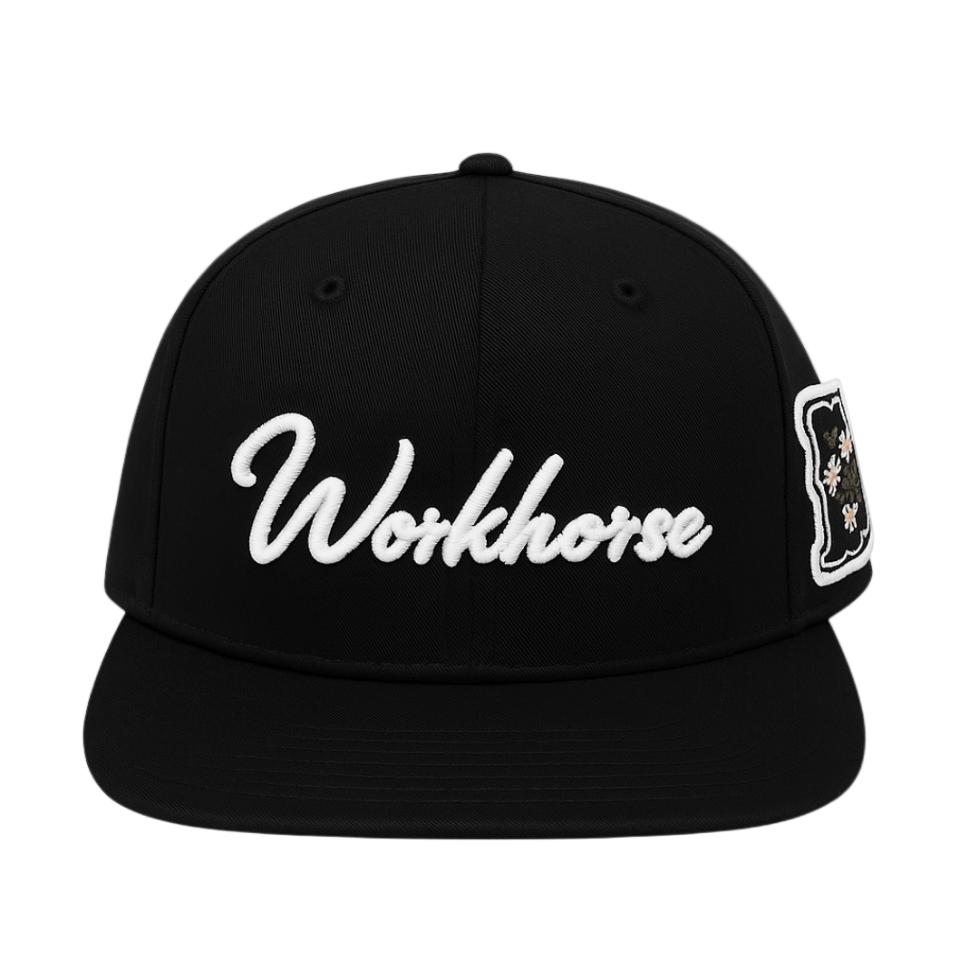 Black cap with 'Workhorse' logo on a white background