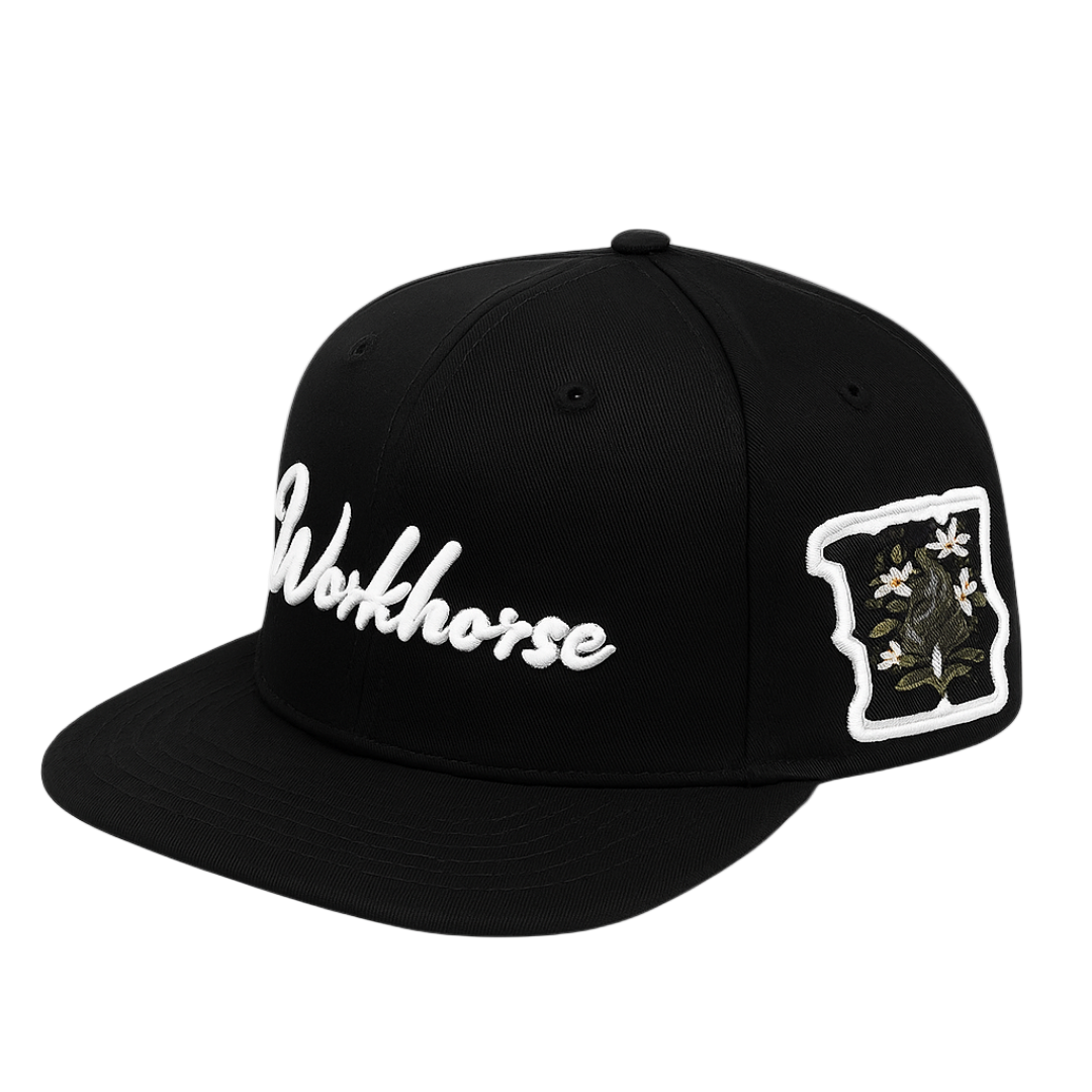 Black cap with 'Workhorse' branding and a patch on a white background