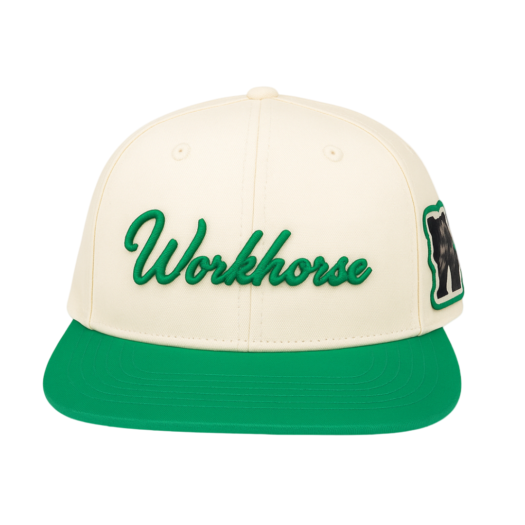Cream and green cap with 'Workhorse' branding on a white background