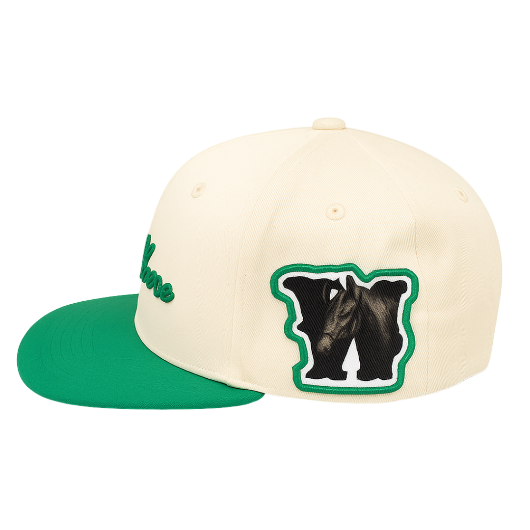Cap with green brim and white front featuring a black bear logo on a white background