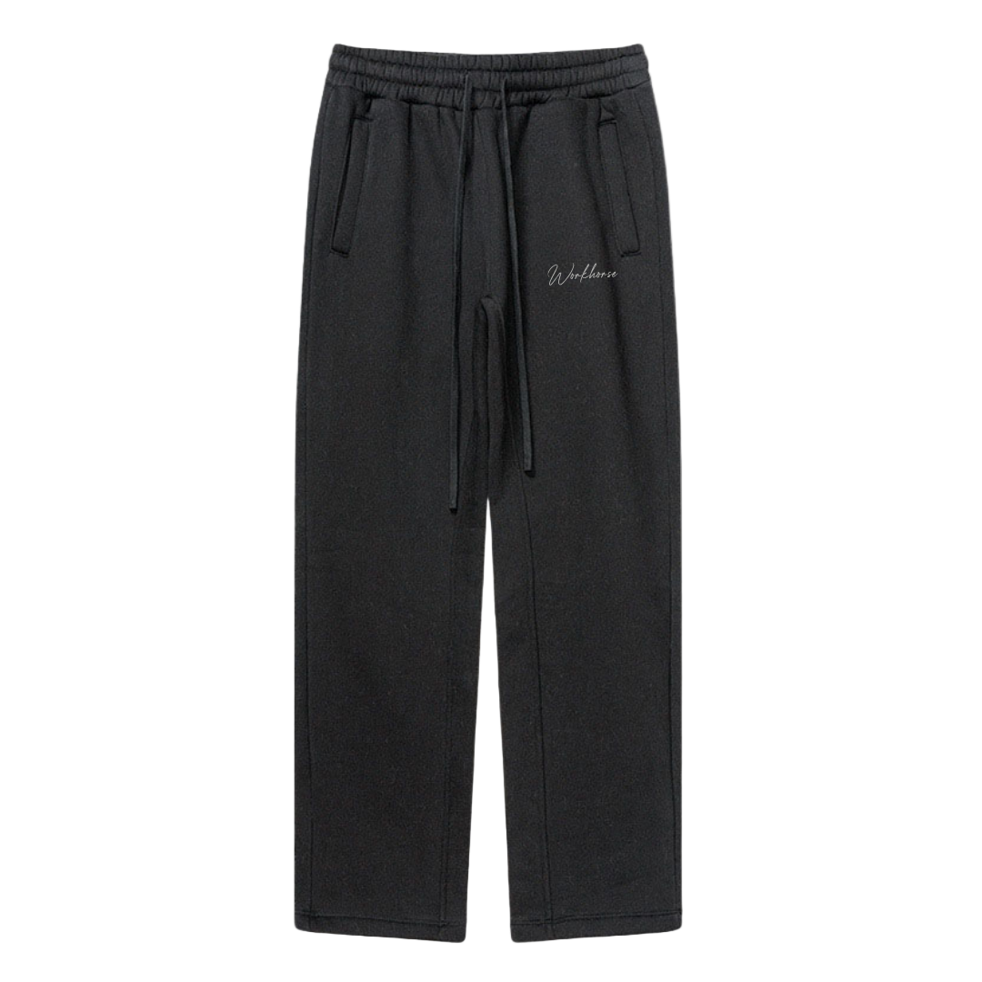 Black pants with a brand logo on a white background