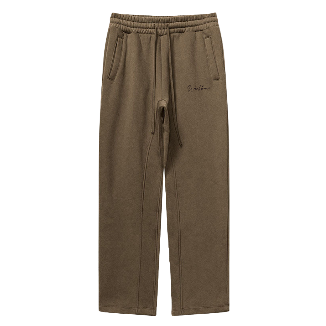 Brown sweatpants with a brand logo on a white background