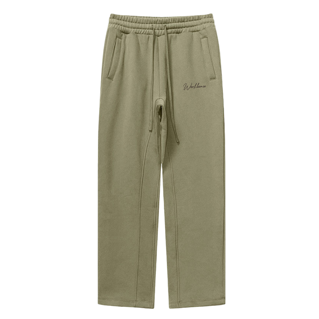 Khaki sweatpants with a brand logo on a white background