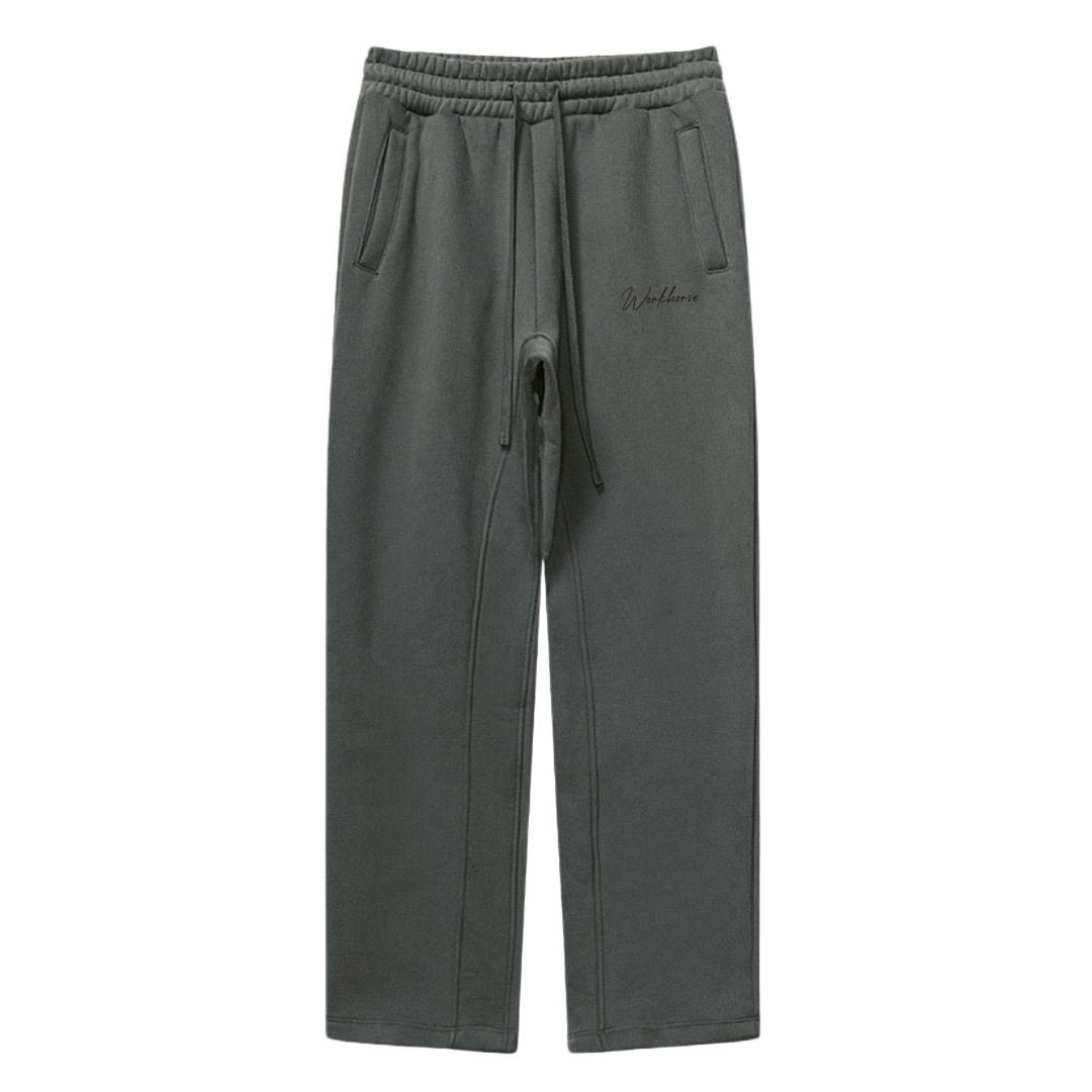 Gray sweatpants with a brand logo on a white background
