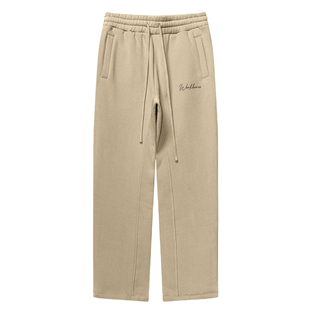 Sand sweatpants with a brand logo on a white background