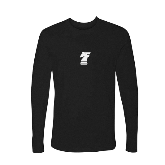 Black long-sleeve shirt with a white logo on a white background
