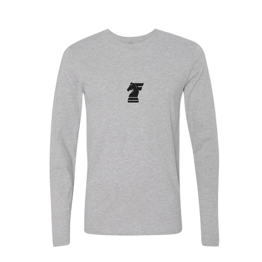 Gray long-sleeve shirt with a black logo on a white background