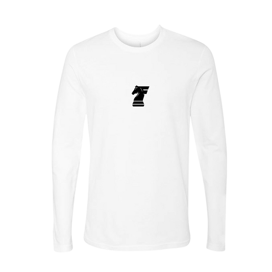 White long-sleeve shirt with a black logo on a white background