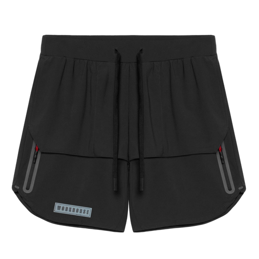 Black shorts with gray zippers on a white background