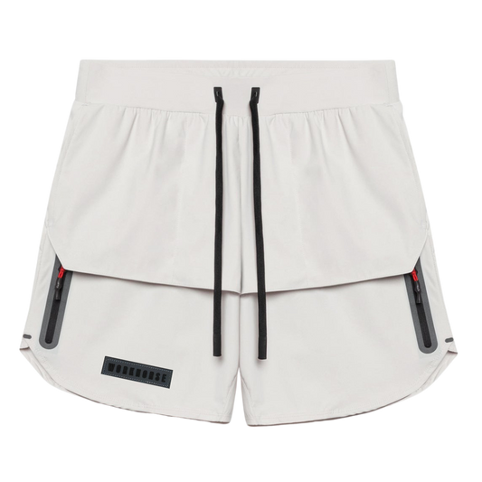 Light gray shorts with black drawstrings and red accents on a white background