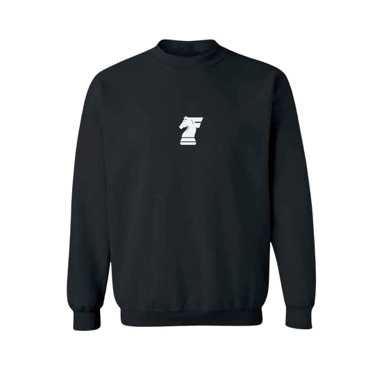 Black sweatshirt with a white logo on a white background