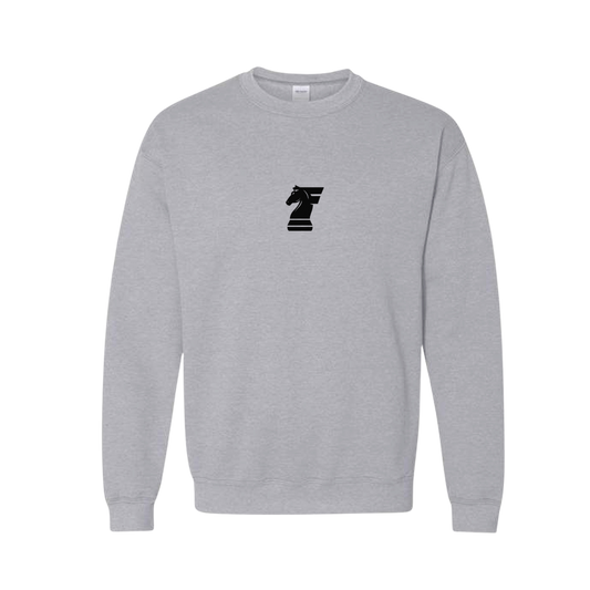 Gray sweatshirt with a black logo on a white background
