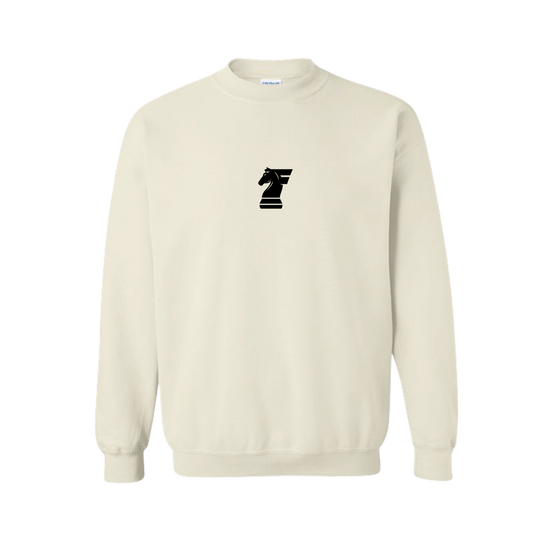 Beige sweatshirt with a black logo on a white background