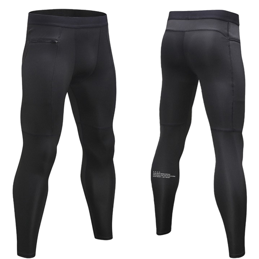 Black compression leggings shown from front and back on a white background