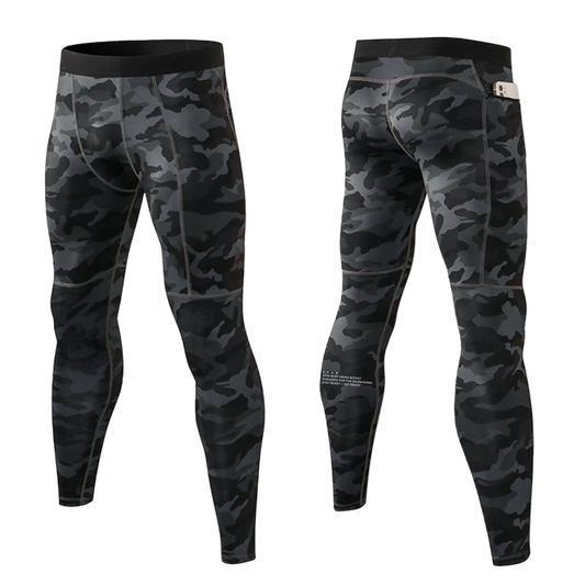 Black and gray camouflage leggings on a white background