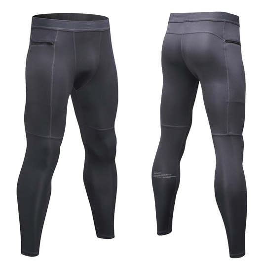 Gray compression leggings shown from front and back on a white background