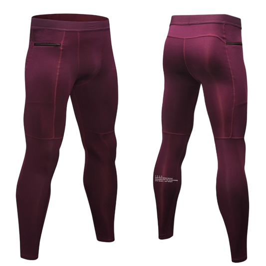 Maroon compression leggings shown from front and side views on a white background