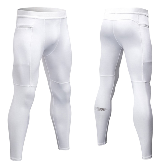 White compression leggings shown from front and back on a white background
