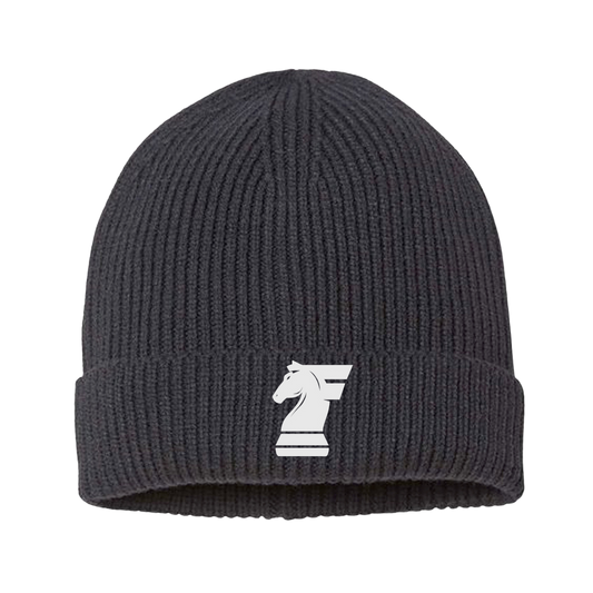 Black beanie with a white logo on a white background