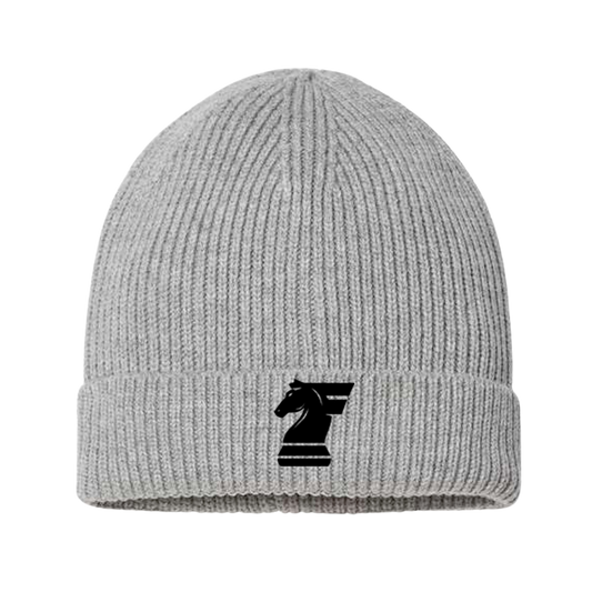 Gray beanie with a black logo on a white background