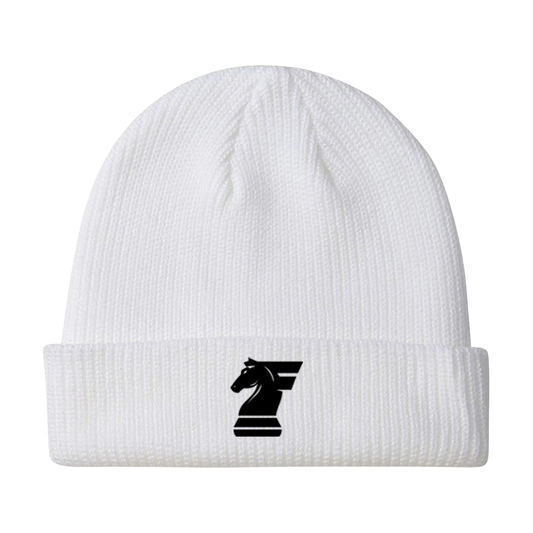 White beanie with a black logo on a white background