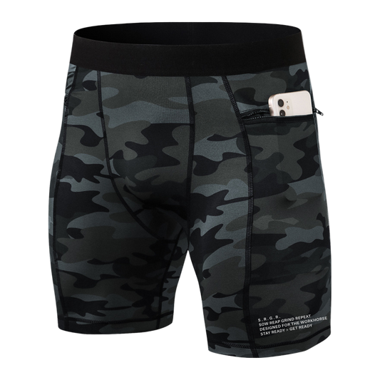 Black camouflage shorts with a phone in the pocket on a white background