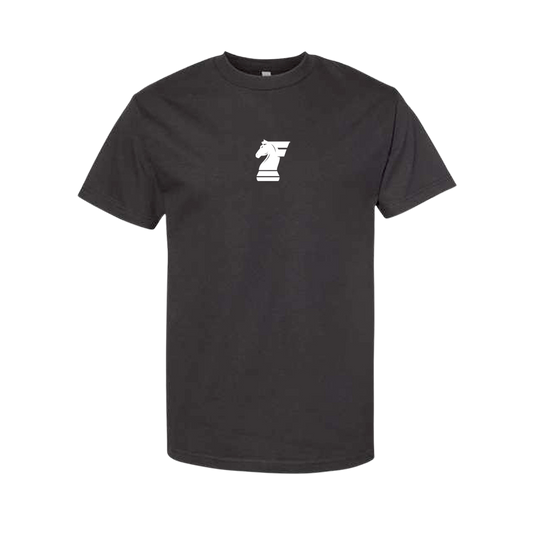 Black t-shirt with a white logo on a white background