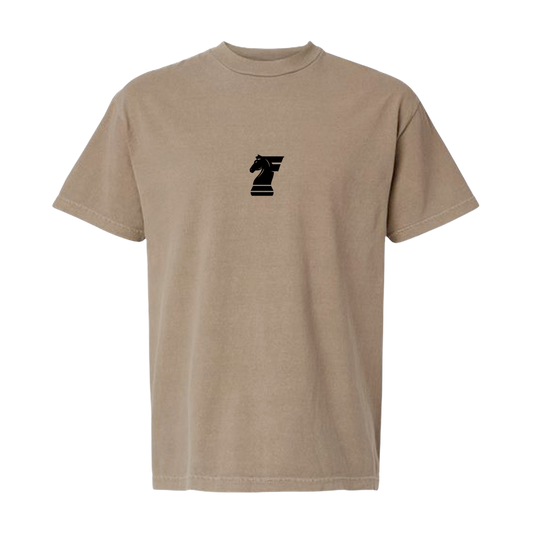 Beige t-shirt with a black logo on a white background