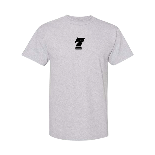 Gray t-shirt with a black logo on a white background