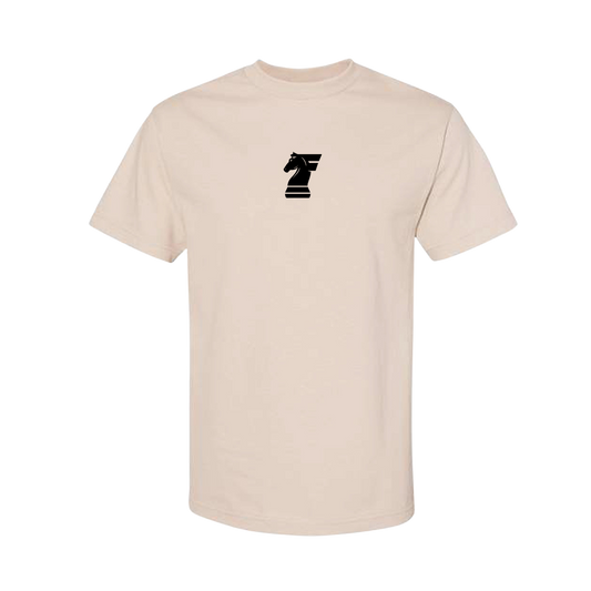 Beige t-shirt with a black logo on a white background