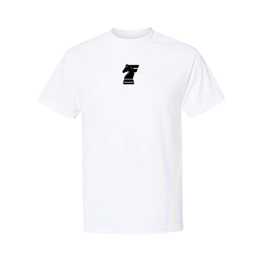 White t-shirt with a black logo on a white background