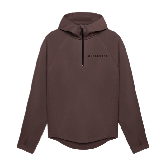 Brown hoodie with a brand logo on a white background