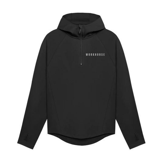 Black hoodie with 'WORKHOUSE' logo on a white background