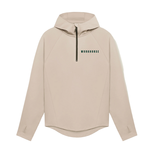 Beige hoodie with 'Workhorse' logo on a white background