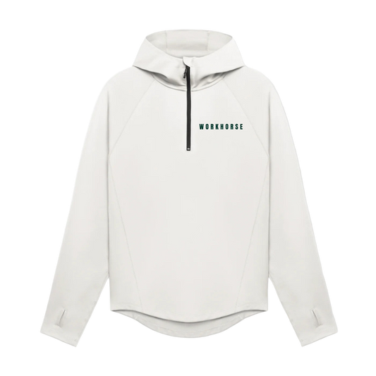 White hoodie with a brand logo on a white background