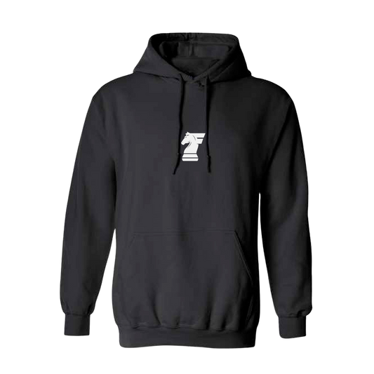 Black hoodie with a white logo on a white background