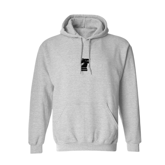 Gray hoodie with a black and white logo on a white background