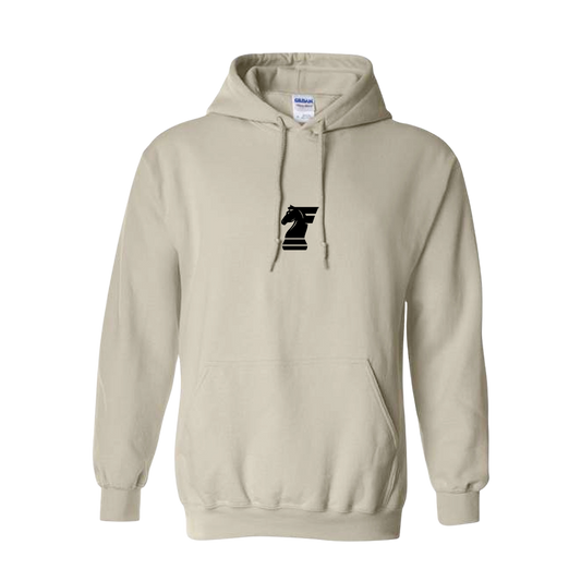 Beige hoodie with a black logo on a white background