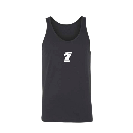 Black tank top with a white logo on a white background