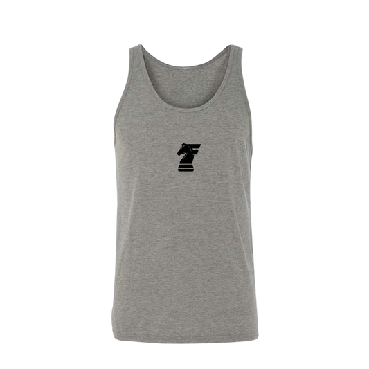 Gray tank top with a black logo on a white background