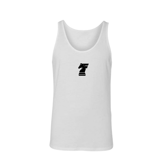 White tank top with a black logo on a white background