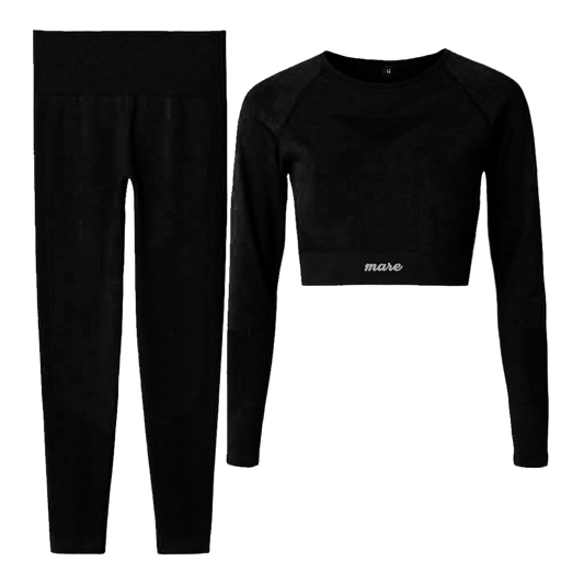 Black long-sleeve crop top and leggings set with 'mase' branding on a white background