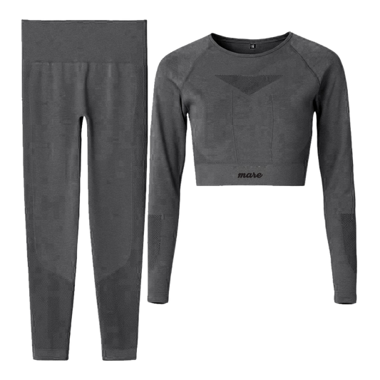 Gray long-sleeve crop top and leggings set with 'maro' branding on a white background