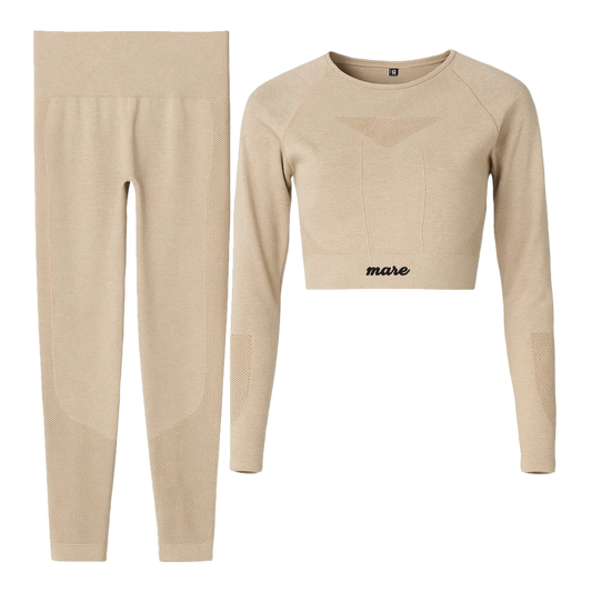Beige long-sleeve crop top and leggings set with 'mase' branding on a white background