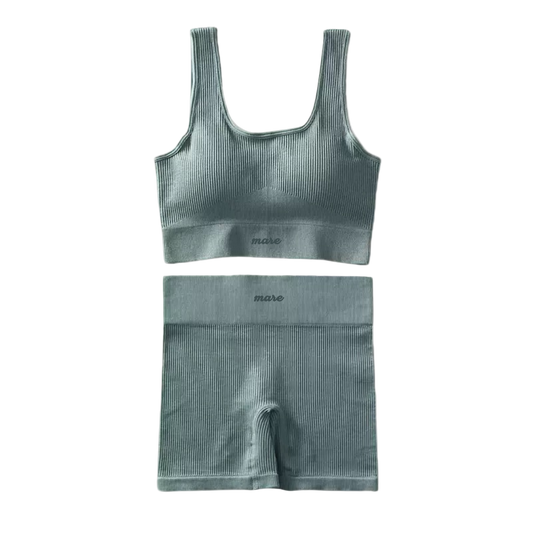 Artic ribbed sports bra and shorts set on a white background