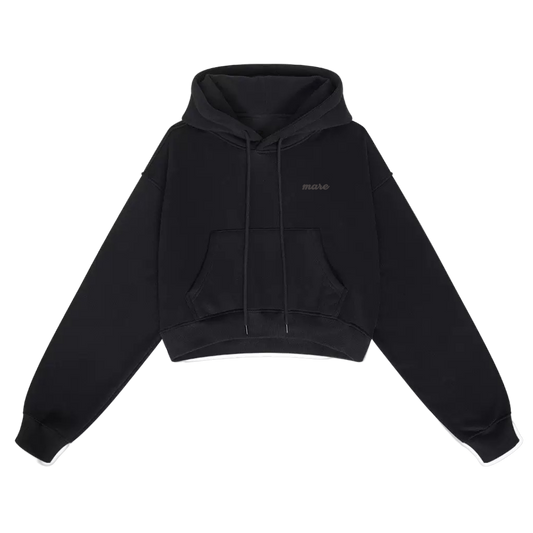 Black hoodie with a brand logo on a white background