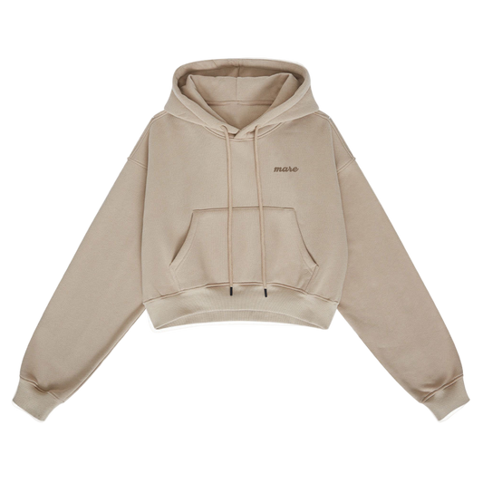 Beige hoodie with 'mase' branding on a white background
