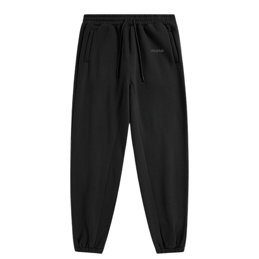 Black pants with a brand logo on a white background