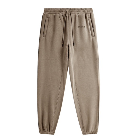 Brown sweatpants with a brand logo on a white background